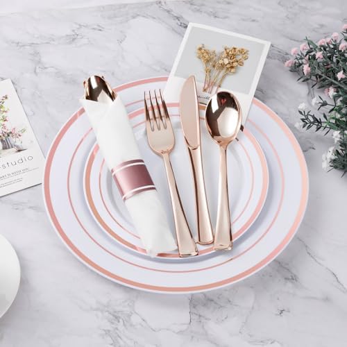 BESTVIP 350 Piece Rose Gold Plastic Plates for 50 Guests - Image 2