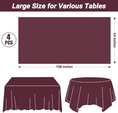 4 PCS Wine Table Cloth Rectangle Table, 54 x 108 Inches Waterproof Plastic Table Cloth Disposable, Picnic Table Cover for Baptism, Picnic, Restaurant, Wedding decor, Fits Rectangle and Round Tables - Image 2