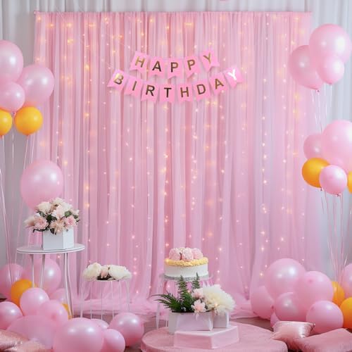 10x8ft Baby Pink Tulle Backdrop Curtain with Lights String for Parites, Sheer Photo Backdrop Drapes for Wedding Backdrop Ceremony Reception Bridal Shower Baby Shower Birthday Party - Image 2