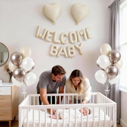 White and Gold Baby Shower Decorations, WELCOME BABY Letter Foil Balloons Banner Backdrop Set with Cream Beige Champagne Gold Latex & Heart Balloon for Newborn Babyboy Babygirl Infant Party Decoration - Image 4