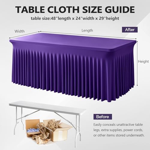 Wish Care 2 Pack Dark Purple Spandex Table Clothes for 4 Foot Rectangle Tables, 4FT Wrinkle Free Fitted Tablecloths Ruffles Design Table Cover for Party, Banquet, Wedding and Events - Image 3