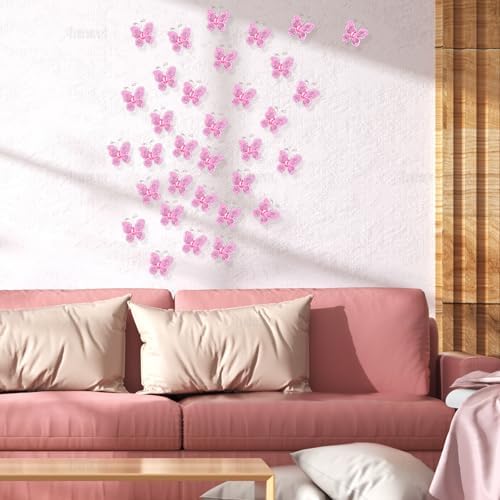 AUEAR, 100 Pack Sheer Mesh Wire Glitter Butterfly Decoration with Gem for Wedding Home Party Wall Decorations (Pink) - Image 5