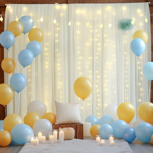 10x8ft Ivory Tulle Backdrop Curtain with Lights String for Parites, Sheer Backdrop Curtains for Wedding Baby Shower Birthday Party Photo Shoot Decorations - Image 4