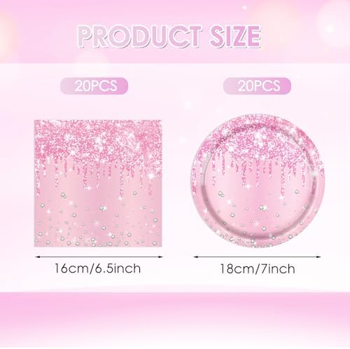 40 PCS Pink Birthday Decorations Light Pink Diamond Theme Birthday Disposable Tableware Paper Plates and Napkins for Wedding Baby Shower Serves 20 - Image 2
