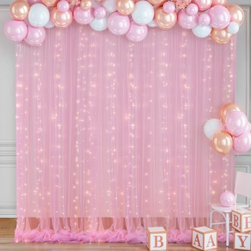 10ft x 8ft Pink Backdrop Curtain with Lights String for Parties, Sheer Tulle Wedding Photo Backdrops Drapes for Baby Shower Birthday Party Decorations Background for Photography by Shillance
