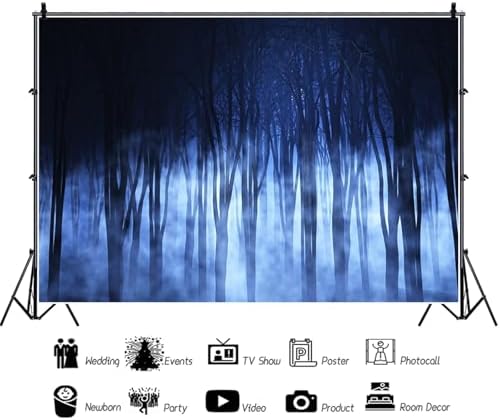 Misty Forest Backdrop for Halloween Eve Gothic Party Spooky Foggy Night Dark Blue Magic Midnight Theme Woods Trees Background Photography Studio Photo Booth Props 10x8ft - Image 6