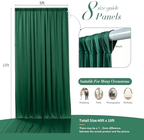 40 ft x 10 ft Wrinkle Free Hunter Green Backdrop Curtain for Parties, Polyester Dark Green Photo Backdrop Drapes 8 Panels 5x10ft for Baby Shower Wedding Birthday Party Photography Curtains - Image 5