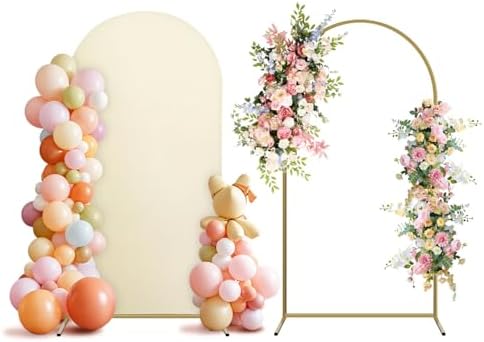 Arch Backdrop Stand and Cover Set, Metal Balloon Arch Backdrop 6.6ft, Gold Arched Stand Frame for Wedding, Parties,Birthday, Decorations (Beige,6.6ft) by Holldoor