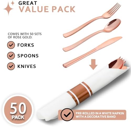 50Pack Pre Rolled Rose Gold Plastic Silverware Heavy Duty for Party - Image 2