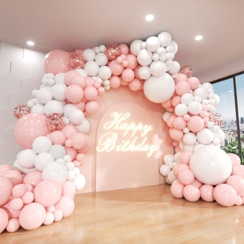 Pink and White Balloon Arch Kit, ADOINBY 140Pcs Macaron Pink Balloon Matte White Balloon 18 12 10 5 Inch Different Size Balloons for Engagement Wedding Birthday Baby Shower Gender Reveal Decorations by ADOINBY