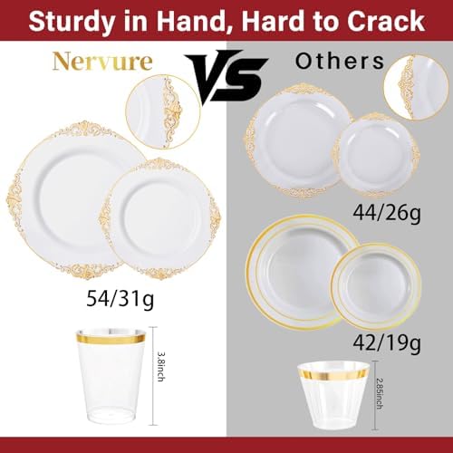 Nervure 350Pcs Gold Plastic Plates, Disposable Dinnerware Set for 50 Guests - Image 3