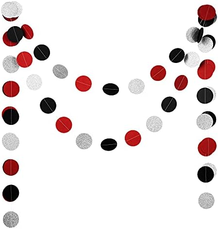 WEVEN Red Black Silver Glitter Paper Garland Circle Dot Streamer Party Banner Backdrop Hanging Decorations, 2.5" in Diameter, 20 Feet in Total - Image 2