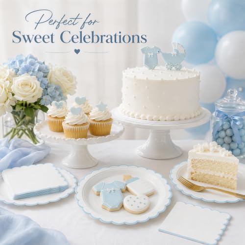 50 Pcs Blue and White Paper Plates and Napkins, 7 Inch Disposable Scalloped Plates & Napkins Party Supplies Cake Dessert Plate Tableware for Baby Shower Bridal Shower Wedding Birthday - Image 5
