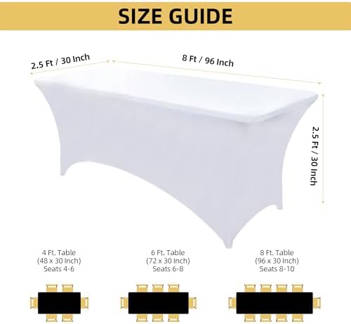 6-Pack 8ft White Spandex Table Covers for Rectangle Folding Tables - Washable Elastic Tablecloth - Ultimate Fitted Table Protector for Birthday Parties, Trade Shows, Banquet - Image 4