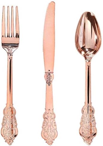 WDF-300 Pieces Rose Gold Plastic Silverware- Disposable Flatware -Heavyweight Plastic Cutlery- Includes 100 Forks, 100 Spoons, 100 Knives for Wedding/Parties/Birthday by WDF