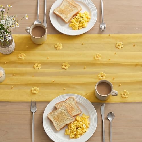 Artoid Mode Yellow Flower Pearl Yellow Gauze Table Runner 10FT, Seasonal Sheer Dining Holiday Wedding Birthday Baby Shower Table Decor for Home Party - Image 5