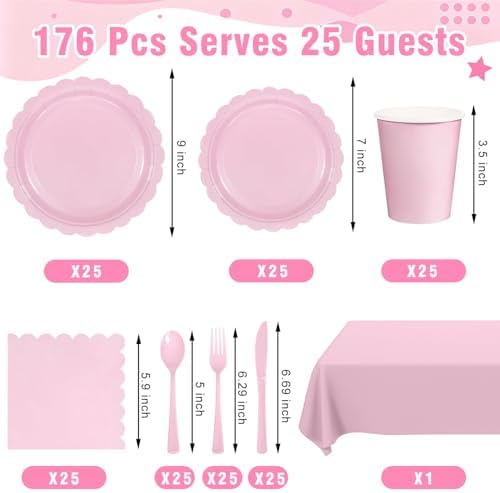 176 PCS Pink Party Decorations - Light Pink Scalloped Plates, Napkins, Cups, Cutlery, Tablecloth for Baby Shower, Wedding, Birthday Party Decorations, Serves 25 - Image 2