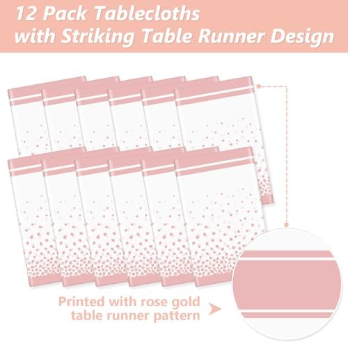 LANLISA White and Rose Gold Tablecloth Party Decorations 12 Pack, Disposable Plastic Table Cloths for Sweet 16 Birthday Baby Shower Wedding Party Decor - Image 4