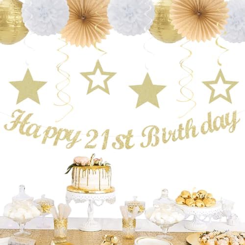Gold White 21st Womens Happy Birthday Party Decorations Hugmoon - Image 5