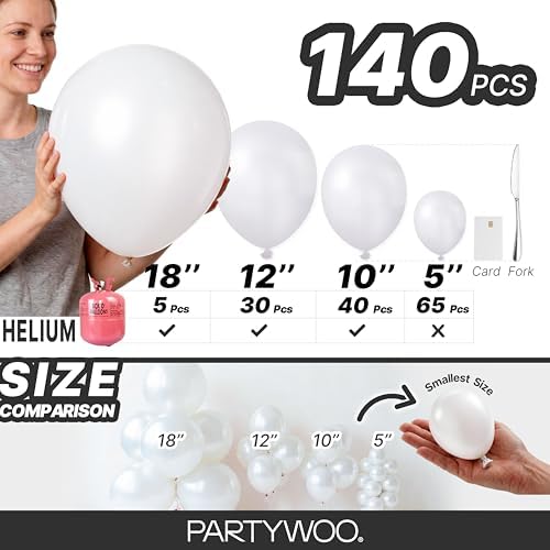 PartyWoo Pearl White Balloons 140pcs Metallic White Color Different Sizes - Image 6