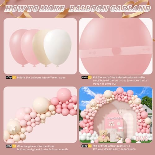 412Pcs Pink Balloon Arch Garland Kit,18 12 10 5 Inch Pink White Balloon Arch Garland Kit Include Nude Balloons for Birthday Shower Princess Theme Party Wedding Decorations - Image 3