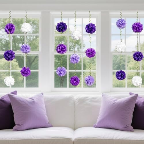 Ombre Purple White Party Decorations Lavender White Tissue Paper Flowers Pom Pom with Leaf Ribbon Hanging Garland Streamer for Birthday Bachelorette Wedding Lilac Violet Party Supplies - Image 7