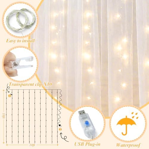 Ledido 10×8ft White Tulle Backdrop Curtains with Lights(2 Panels 5×8ft) - Image 3