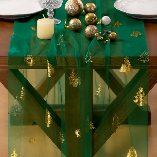 Christmas Tree Table Runner Gold Gauze Glitter Sheer Party Home Table Decor - Image 2