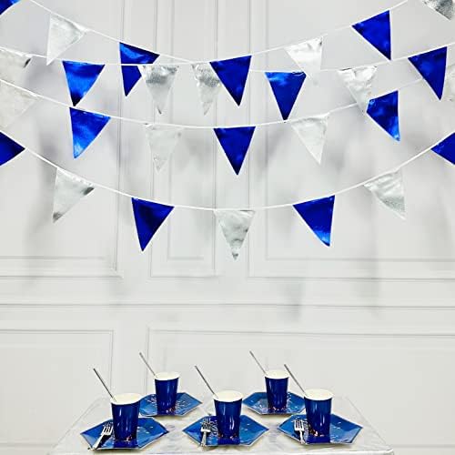 Royal Blue Silver Party Decorations Navy Blue Triangle Pennant Banner Flag Metallic Fabric Bunting Garland for Birthday Graduation Wedding Retirement Nautical Ahoy Achor Pirate Theme Party Supplies - Image 4