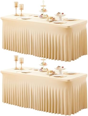 Shillance 2 Packs Champagne Spandex Table Clothes for 8 Foot Rectangle Table, Spandex Table Covers 8FT Stretch Table Skirts Wrinkle Free Fitted Tablecloth for Event, Wedding, Banquet & Parties by Shillance