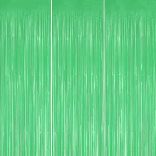 DECOCKRAT 3 Pack Foil Fringe Backdrop - Pastel Light Green Shiny Tinsel Curtains for Party Decoration/Photo Booth Props - 3.3x8.2 FT Metallic Foil Backdrop for Birthday, Wedding, Graduation, Christmas by DECOCKRAT