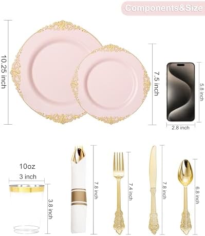 Nervure 700Pcs Pink Plastic Plates, Plastic Dinnerware Set for 100 Guests - Image 3