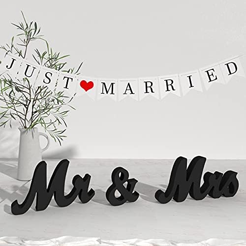 VIOPVERY Wooden Mr & Mrs Wedding Sign with Just Married Banner,Black - Image 6