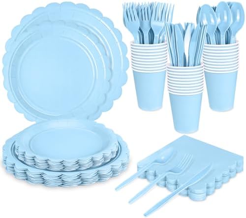 WNINK 175 PCS Light Blue Scalloped Plates and Napkins, Blue Disposable Plates Set with Napkins Cups Plastic Spoons Forks Knives for Birthday Baby Shower Gender Reveal Party Supplies Serve 25 Guests by WNINK