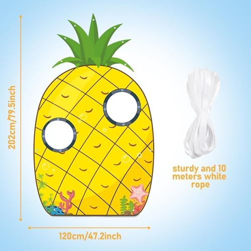 Pineapple Summer Photo Prop, Large Yellow Cartoon House Door Banner with 3 Photo Windows, Tropical Hawaii Party Supplies, Sea Beach Photography Background for Birthday Parties, Kids and Pets (80"x47") - Image 2