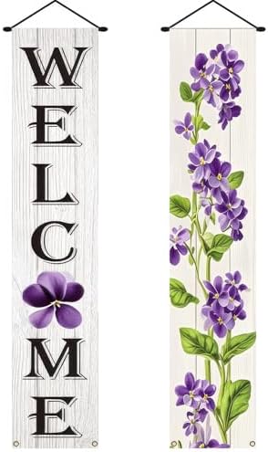 BlissYard Spring Summer Banner 70x12 Inch Vertical Spring Summer Door Banners Door Decorations Hanging Purple Floral Welcome Porch Signs Outdoor Summer Decorations for Seasonal Outdoor Decoration - Image 2