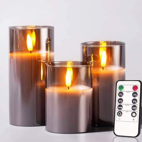 Tyawon Glass Battery Operated LED Flameless Candles with Remote and Timer, Real Wax Candles Warm Color Flickering Light for Festival Wedding Home Party Decor(Pack of 3)-Grey by FlamelessCandles