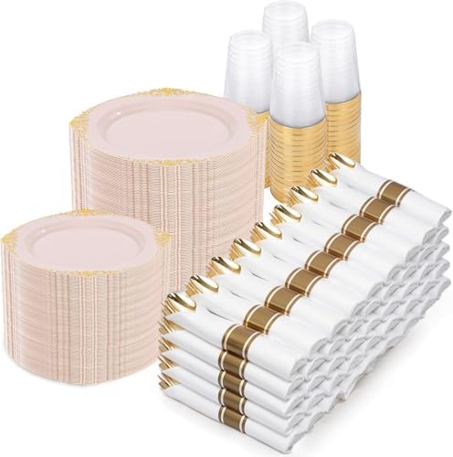 Nervure 700Pcs Pink Plastic Plates, Plastic Dinnerware Set for 100 Guests by Nervure