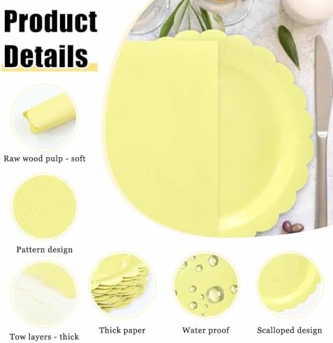 HEIPINIUYE 50 Pcs Yellow Paper Plates and Napkins Party Supplies Include 7'' Yellow Scalloped Plates and 6.5'' Paper Napkins Disposable Tableware Set for Dinner Wedding Birthday Party (Serves 25) - Image 4