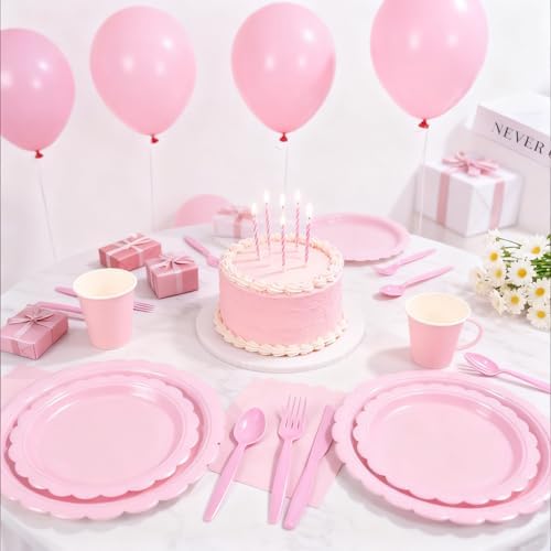 176 PCS Pink Party Decorations - Light Pink Scalloped Plates, Napkins, Cups, Cutlery, Tablecloth for Baby Shower, Wedding, Birthday Party Decorations, Serves 25 - Image 3