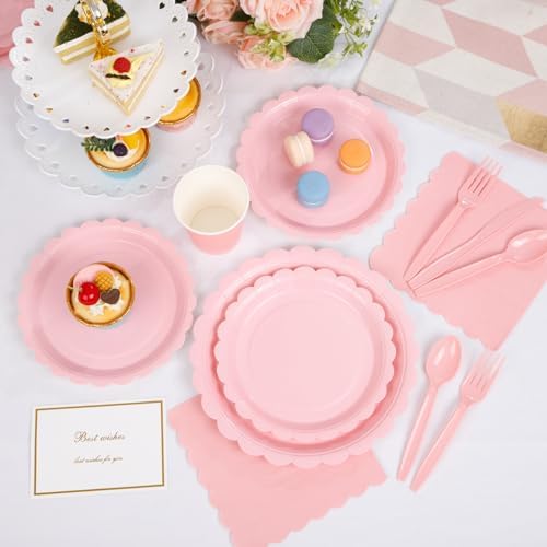 LIYH 350 Pcs Pink Paper Plates and Napkins - 50 Guest Light Pink Party Supplies Include Scalloped Plates Cups Plastic Spoons Forks Knives for Baby Shower Birthday Party - Image 4