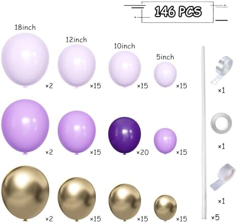 MEBAY Grey Violet Maca Purple Gold Balloons Garland Arch Kit, 146Pcs Latex Balloons Different Sizes 18 12 10 5 Inch for Party Decoration Birthday Wedding Engagements Anniversary Baby Shower - Image 2