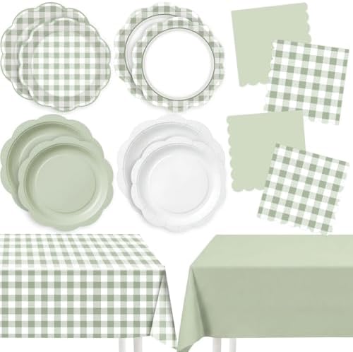 LemonRoad 100 Pcs Sage Green Gingham Paper Plates Napkins Plastic Tablecloth Set for 24, Green White Disposable Dinner Dessert Scalloped Plates for Baby Shower Picnic Birthday Party Supply Decoration by Unknown