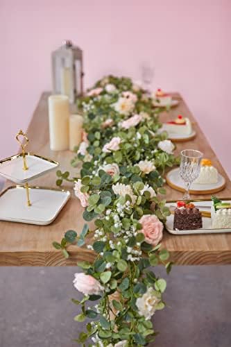 Anna's Whimsy 5.91FT Artificial Eucalyptus Garland with Flowers, Fake Rose Gypsophila Garland, Faux Floral Greenery Garlands for Wedding Spring Party Art Table Runner Decor (Pink, 1) - Image 6