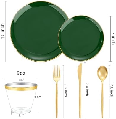 bUCLA 150PCS Green Plastic Plates - Green and Gold Disposable Include 25 Each (Dinner & Dessert) Plates, 25 Knives, 25 Forks, 25 Spoons and 25 Cups, Ideal for Party&Christmas - Image 2