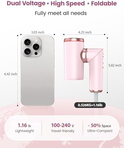 Dual Voltage Hair Dryer Travel Europe Foldable, High Speed - Image 2
