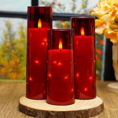 Nimiko Flickering Flameless LED Candles,Battery Operated Candles 9 Pcs with Embedded Star String,Acrylic LED Pillar Candles with Remote,Suitable for Home Decoration to Create an Atmosphere（Red） - Image 4