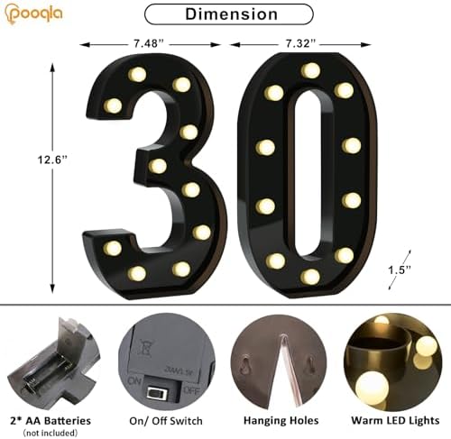 Pooqla 30th Birthday Decorations for Men, Large Black Light Up Numbers - Image 4