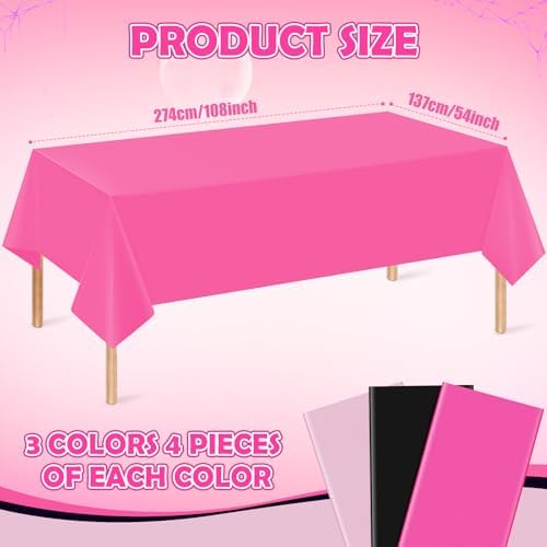 12 Pack Halloween Pink and Black Plastic Tablecloth for Rectangle Tables, Pink Black Disposable Table Cover, Rectangle Table Cloth for Girls Halloween Baby Shower Birthday Party Supplies Decorations - Image 2