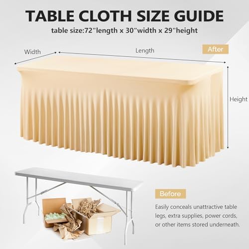 Wish Care 6 Pack Champagne Spandex Table Clothes for 6 Foot Rectangle Tables, 6FT Wrinkle Free Fitted Tablecloths Ruffles Design Table Cover for Party, Banquet, Wedding and Events - Image 3